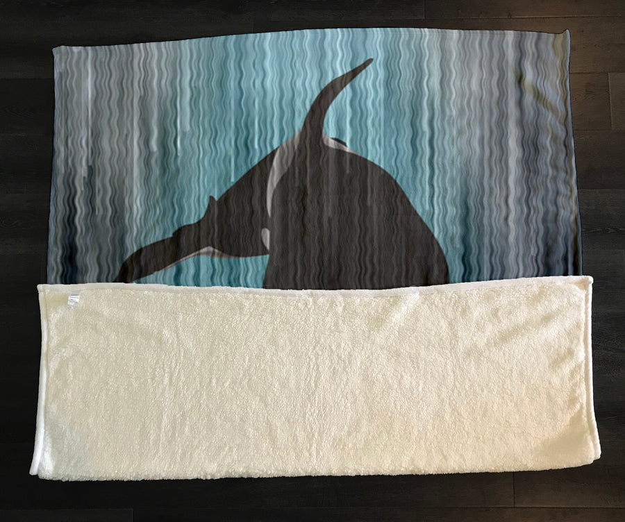 Navy Orca Ocean Silhouette Artwork Fleece Sherpa Blanket