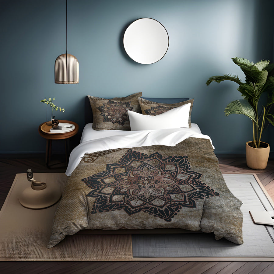Brown Mandala Medallion Ornamental Pattern Duvet Cover