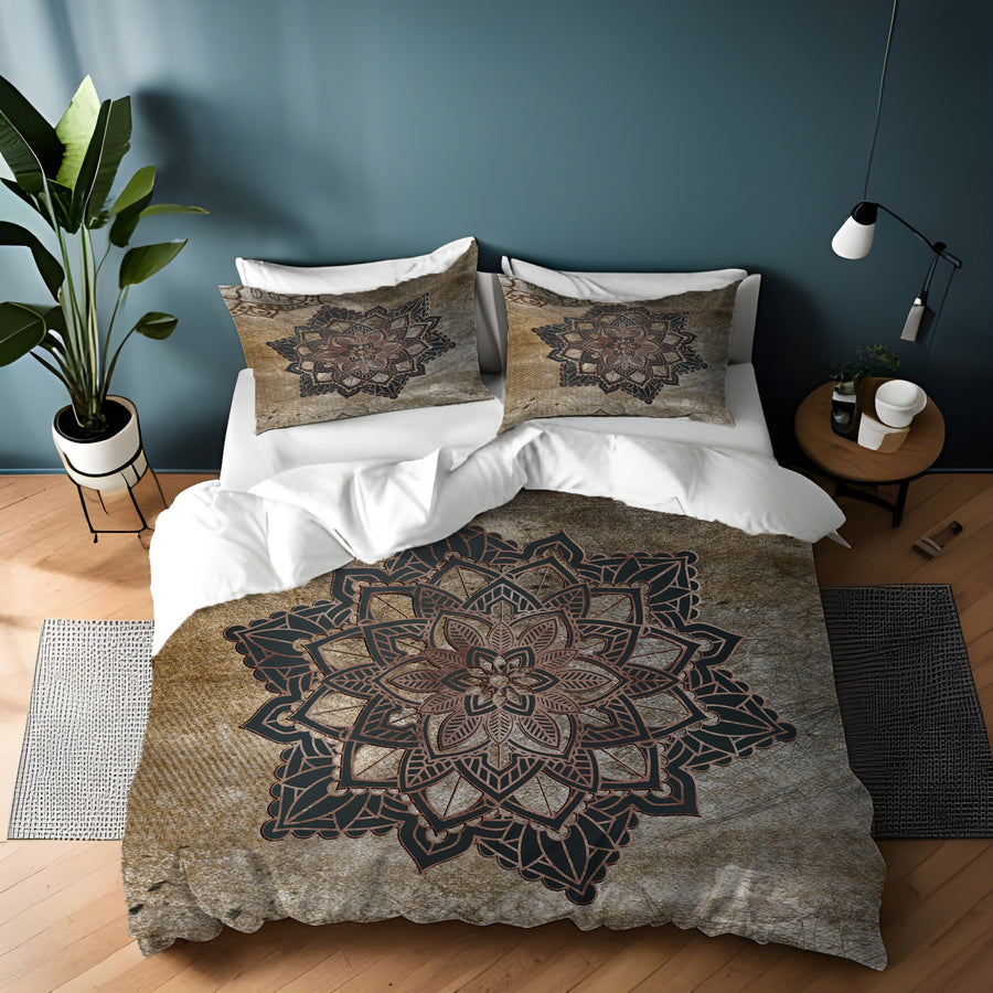 Brown Mandala Medallion Ornamental Pattern Duvet Cover