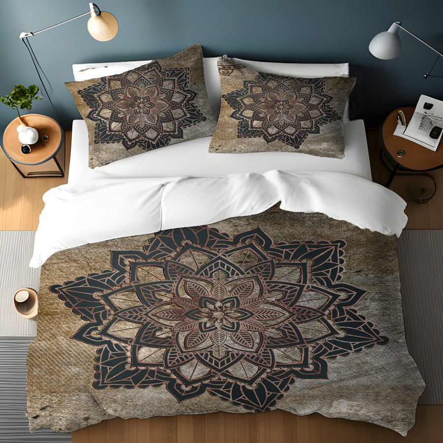 Brown Mandala Medallion Ornamental Pattern Duvet Cover