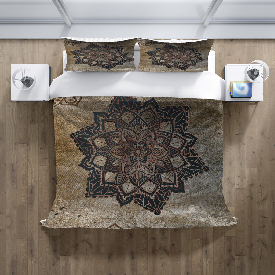 Brown Mandala Medallion Ornamental Pattern Duvet Cover