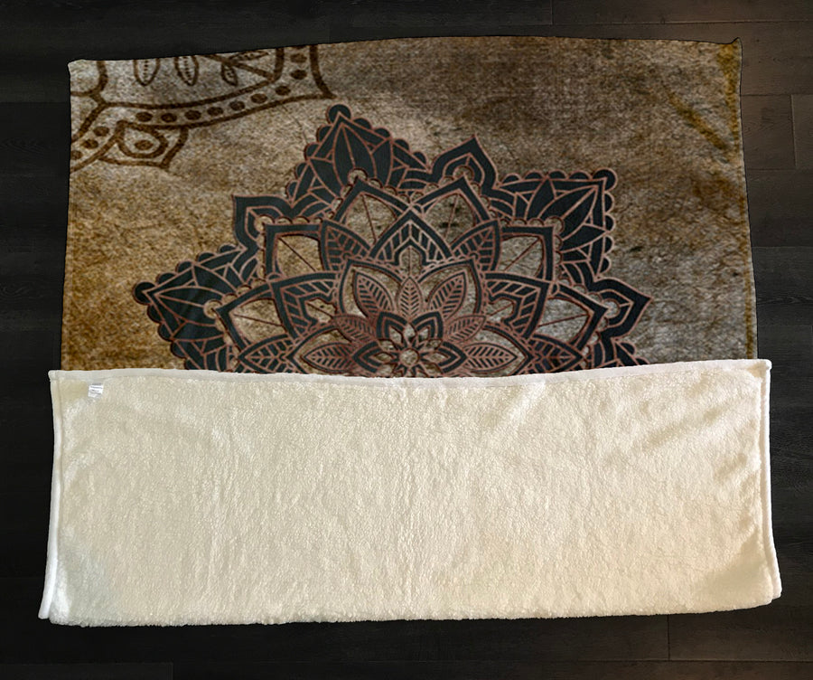Brown Mandala Medallion Ornamental Pattern Fleece Sherpa Blanket