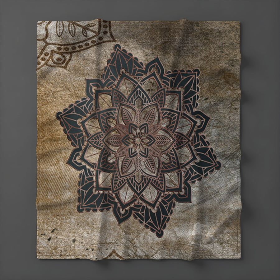 Brown Mandala Medallion Ornamental Pattern Fleece Sherpa Blanket
