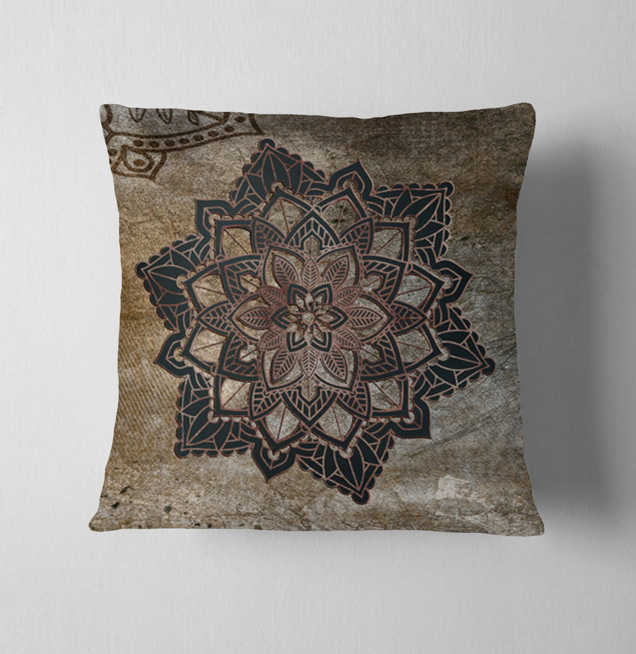 Brown Mandala Medallion Ornamental Pattern Throw Pillow Cover