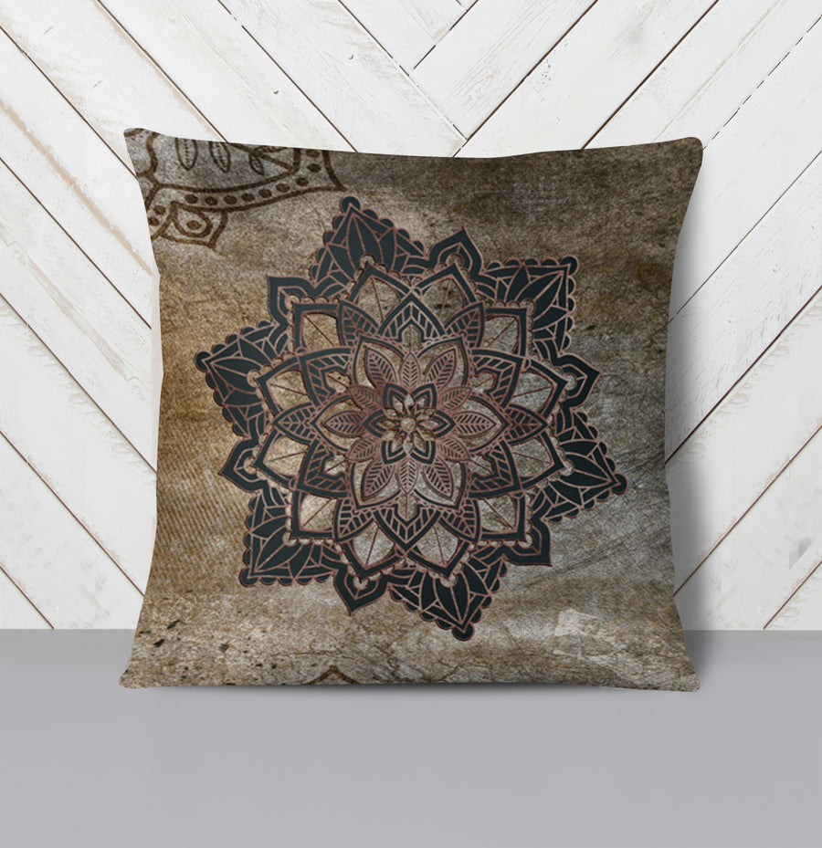 Brown Mandala Medallion Ornamental Pattern Throw Pillow Cover