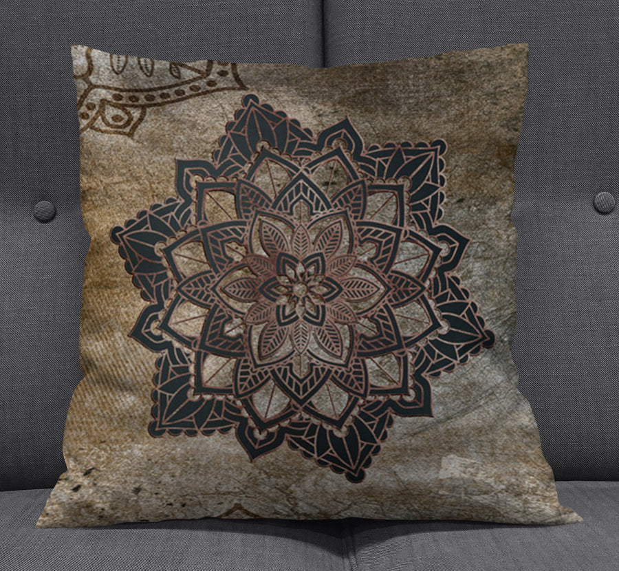Brown Mandala Medallion Ornamental Pattern Throw Pillow Cover