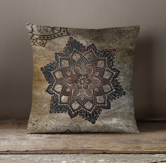 Brown Mandala Medallion Ornamental Pattern Throw Pillow Cover