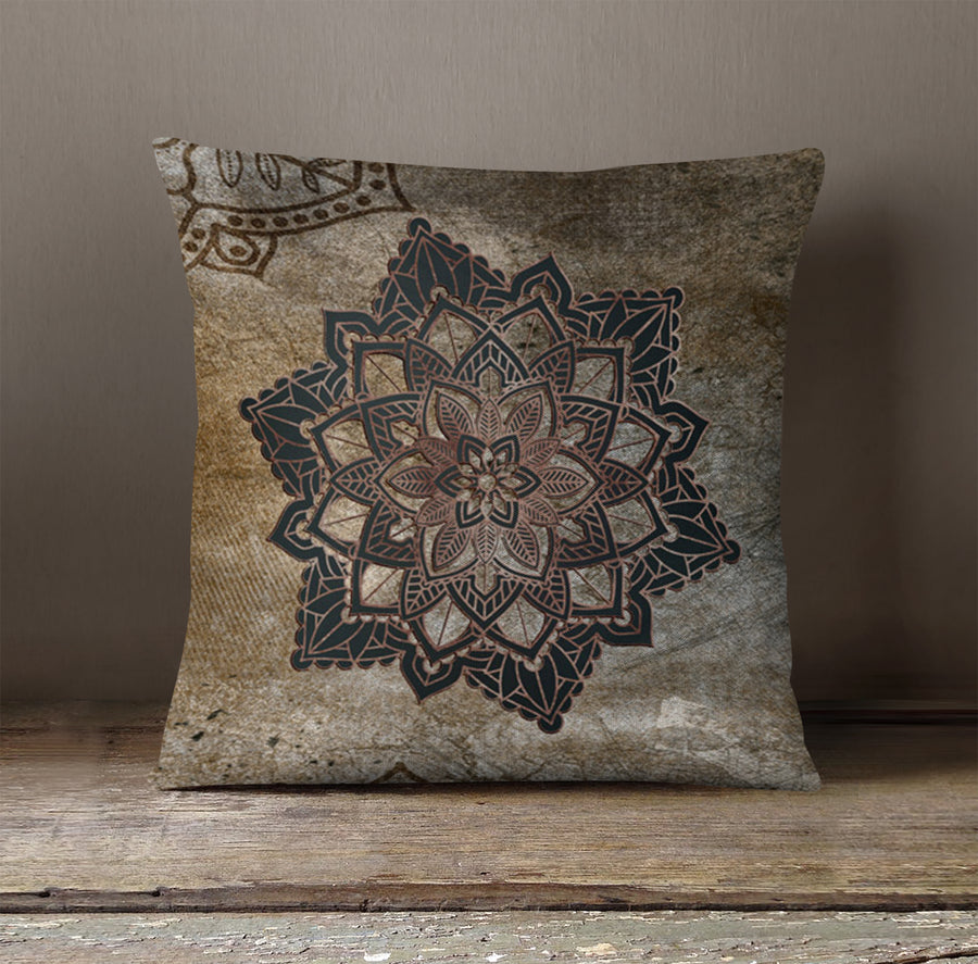 Brown Mandala Medallion Ornamental Pattern Throw Pillow Cover
