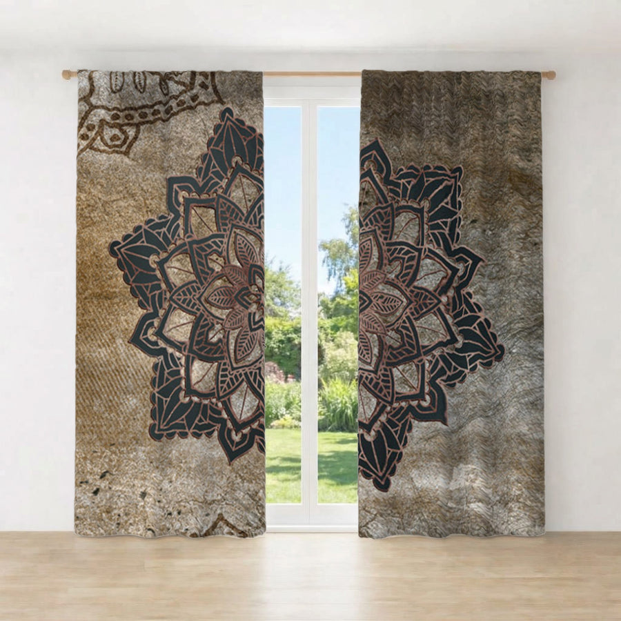 Brown Mandala Medallion Ornamental Pattern Window Curtains