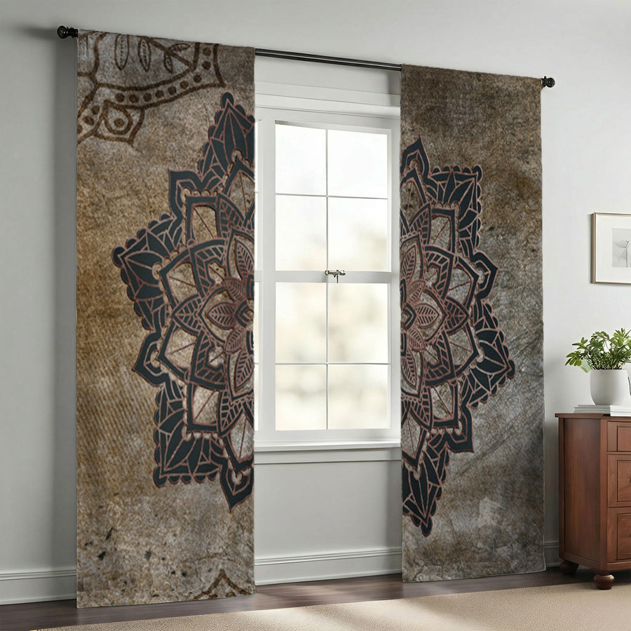 Brown Mandala Medallion Ornamental Pattern Window Curtains