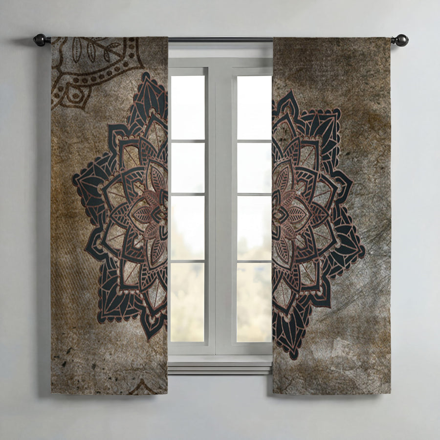 Brown Mandala Medallion Ornamental Pattern Window Curtains