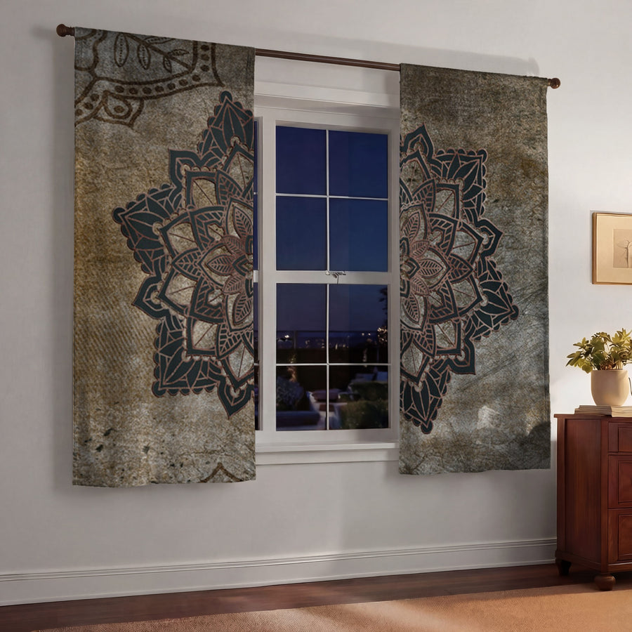 Brown Mandala Medallion Ornamental Pattern Window Curtains