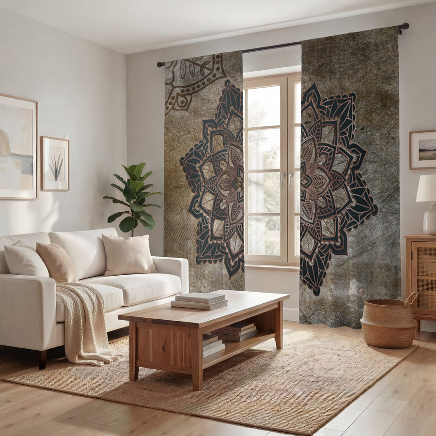 Brown Mandala Medallion Ornamental Pattern Window Curtains
