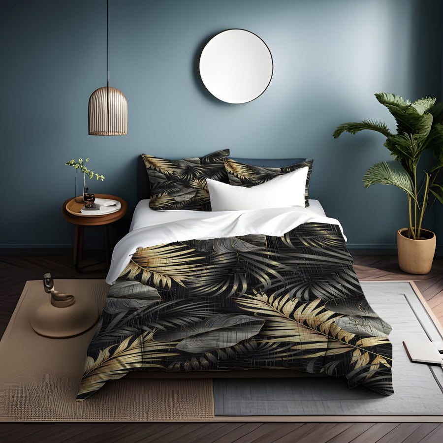 Black and Gold Tropical Palm Leaf Pattern Duvet Cover