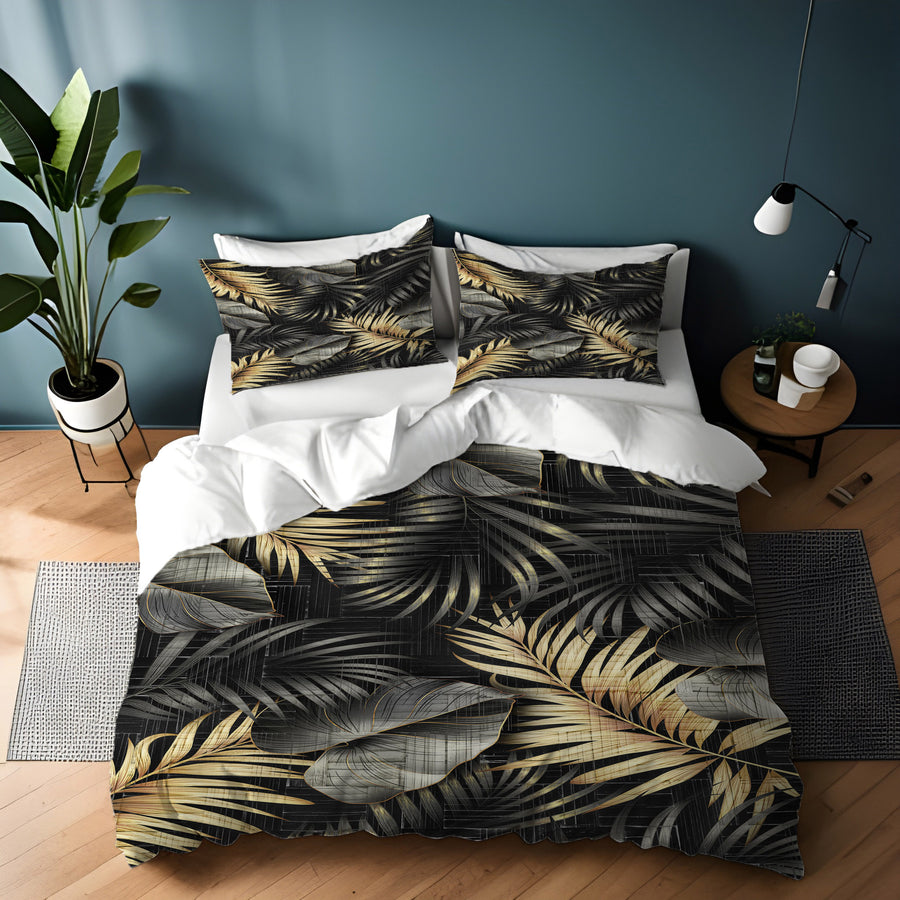 Black and Gold Tropical Palm Leaf Pattern Duvet Cover