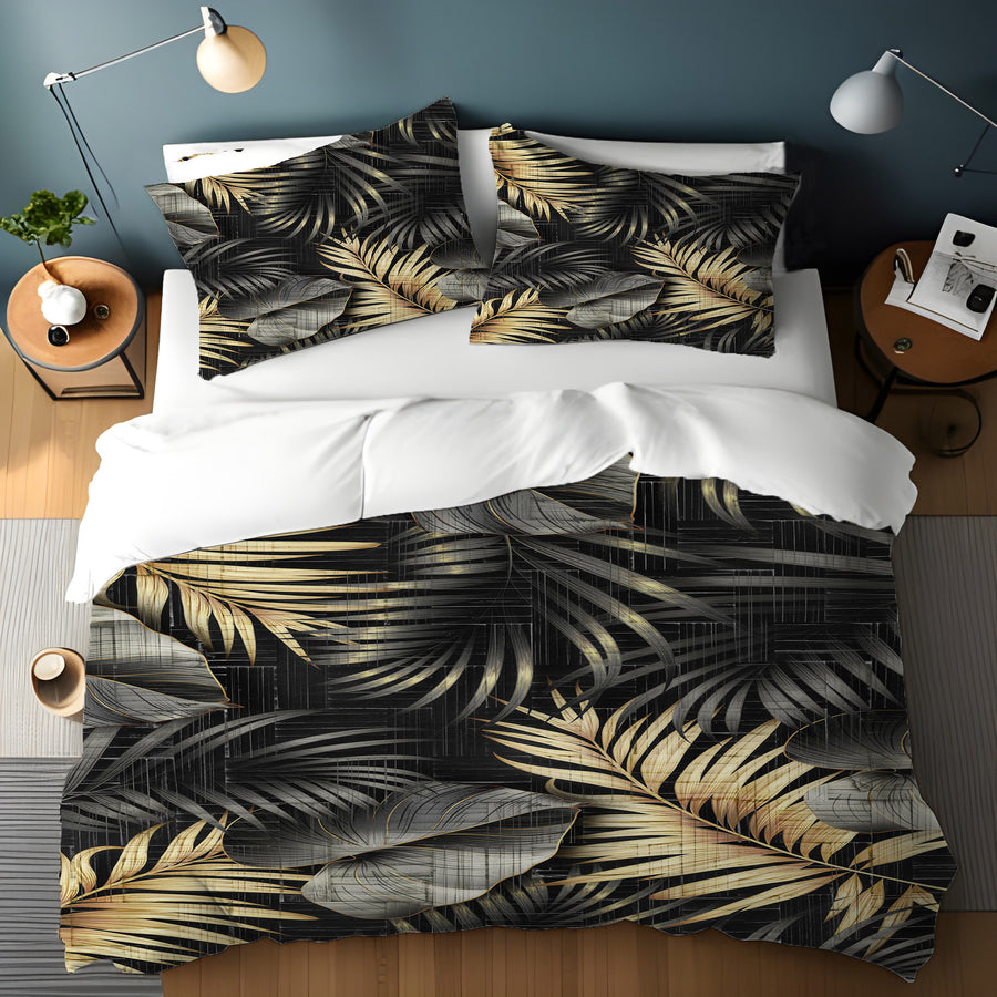 Black and Gold Tropical Palm Leaf Pattern Duvet Cover