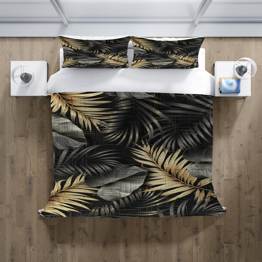 Black and Gold Tropical Palm Leaf Pattern Duvet Cover
