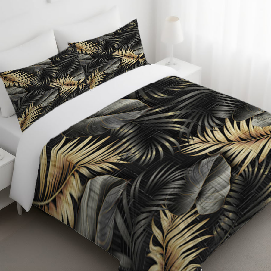 Black and Gold Tropical Palm Leaf Pattern Duvet Cover