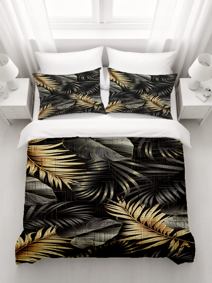 Black and Gold Tropical Palm Leaf Pattern Duvet Cover