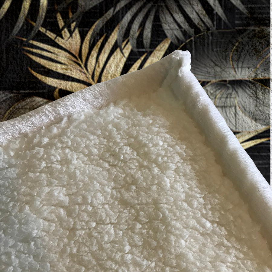 Black and Gold Tropical Palm Leaf Pattern Fleece Sherpa Blanket
