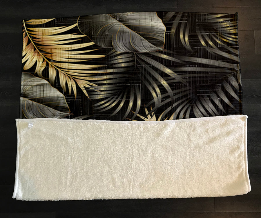 Black and Gold Tropical Palm Leaf Pattern Fleece Sherpa Blanket
