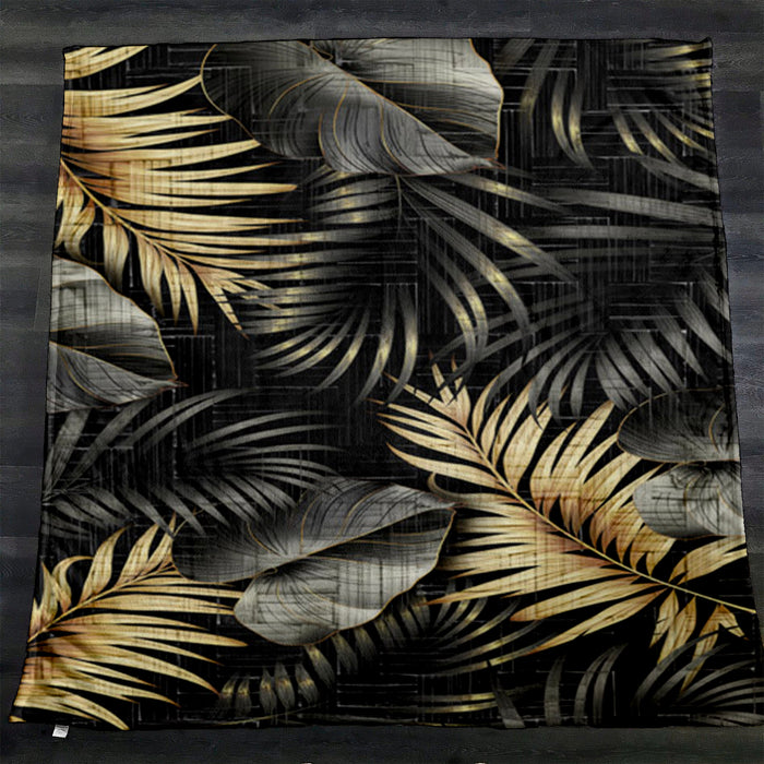 Black and Gold Tropical Palm Leaf Pattern Fleece Sherpa Blanket