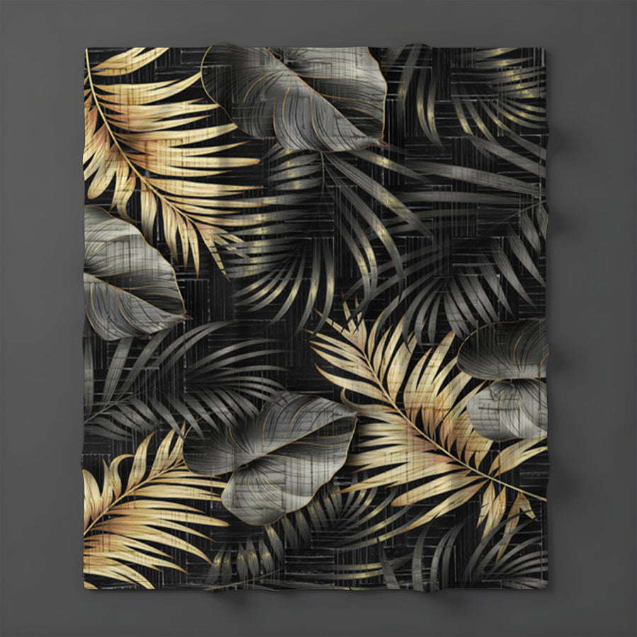 Black and Gold Tropical Palm Leaf Pattern Fleece Sherpa Blanket