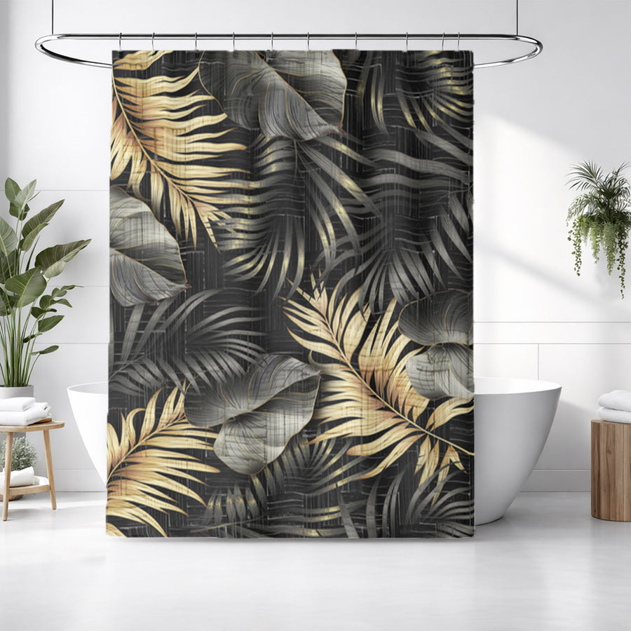 Black and Gold Tropical Palm Leaf Pattern Shower Curtain