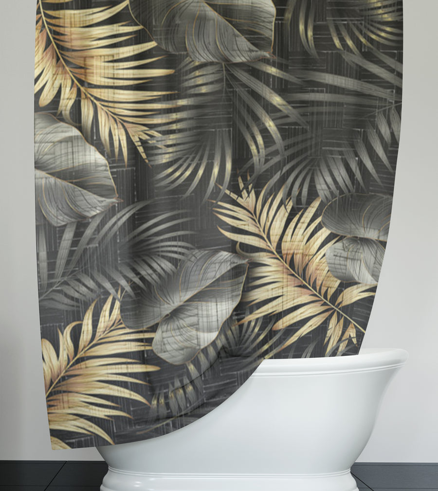 Black and Gold Tropical Palm Leaf Pattern Shower Curtain