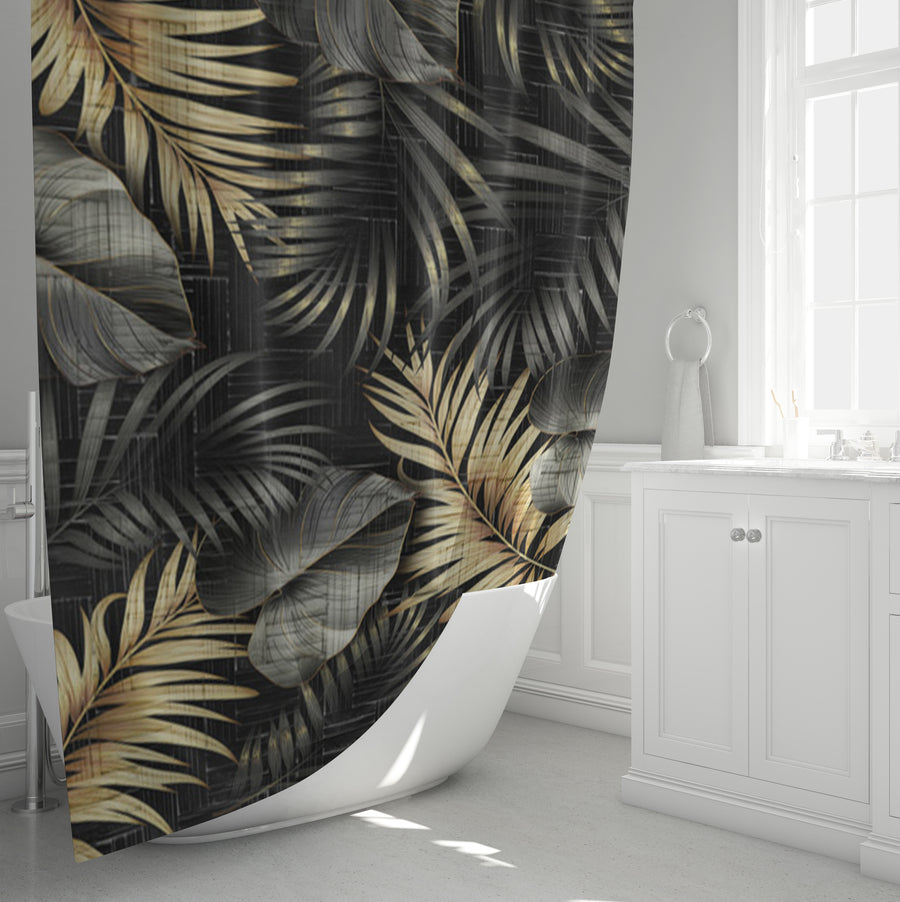 Black and Gold Tropical Palm Leaf Pattern Shower Curtain
