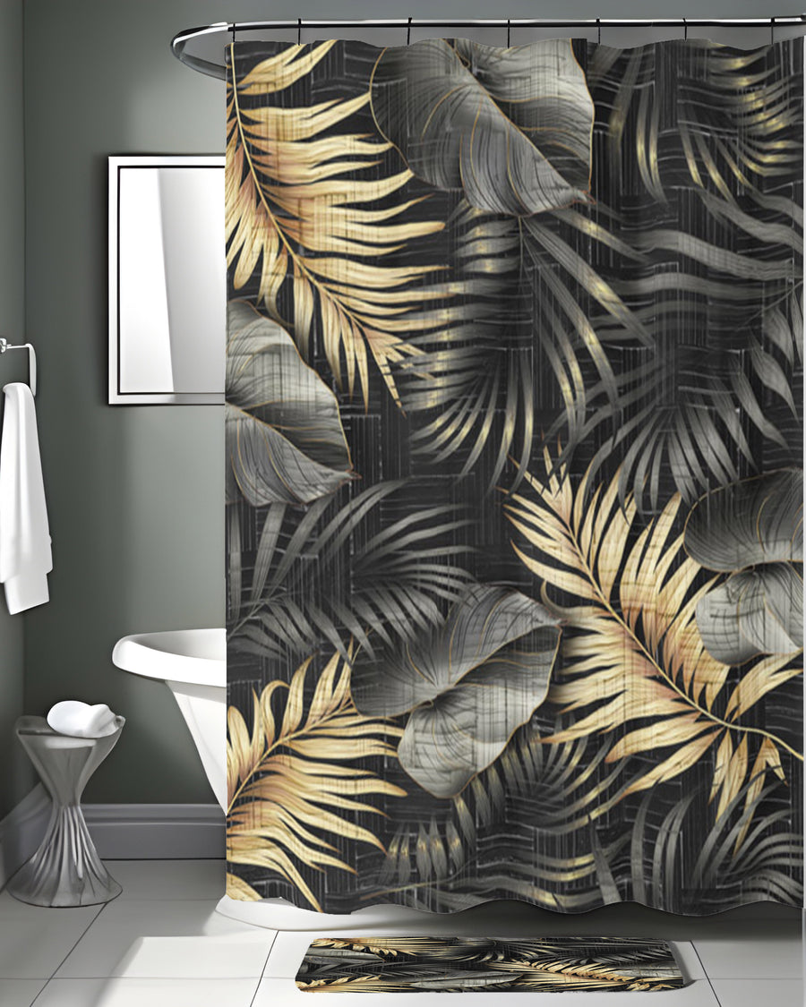 Black and Gold Tropical Palm Leaf Pattern Shower Curtain