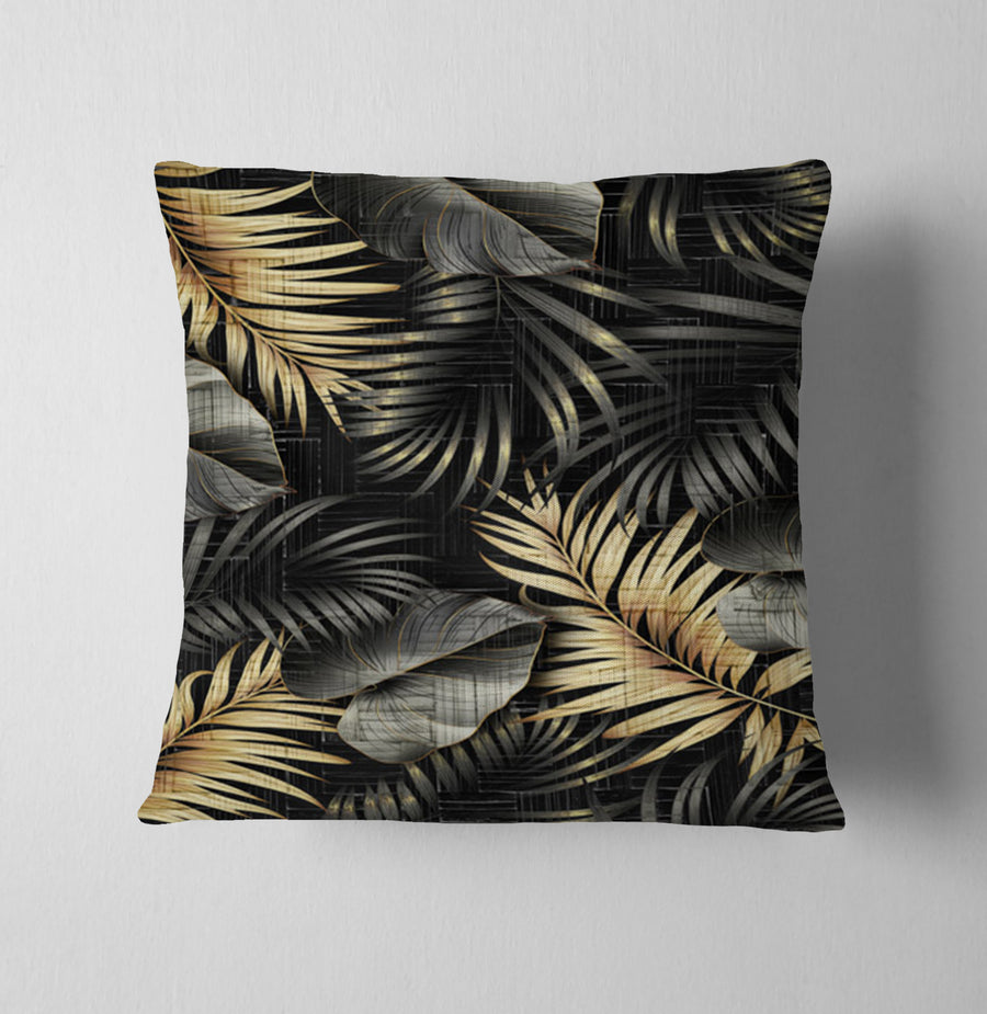Black and Gold Tropical Palm Leaf Pattern Throw Pillow Cover