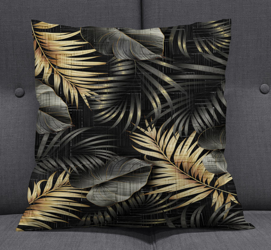 Black and Gold Tropical Palm Leaf Pattern Throw Pillow Cover