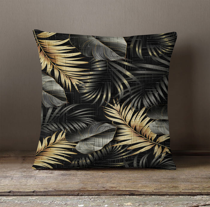 Black and Gold Tropical Palm Leaf Pattern Throw Pillow Cover