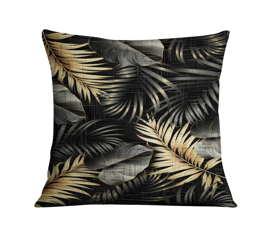 Black and Gold Tropical Palm Leaf Pattern Throw Pillow Cover