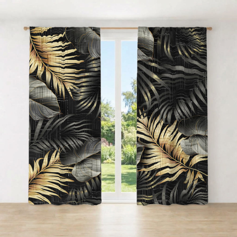 Black and Gold Tropical Palm Leaf Pattern Window Curtains