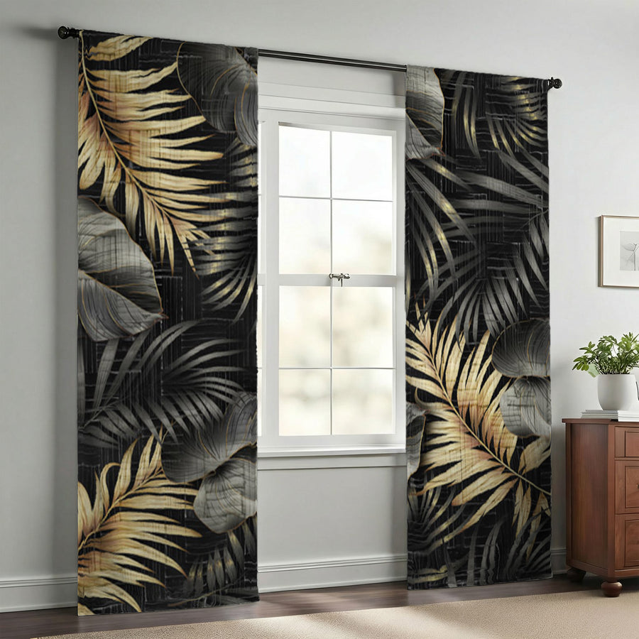 Black and Gold Tropical Palm Leaf Pattern Window Curtains