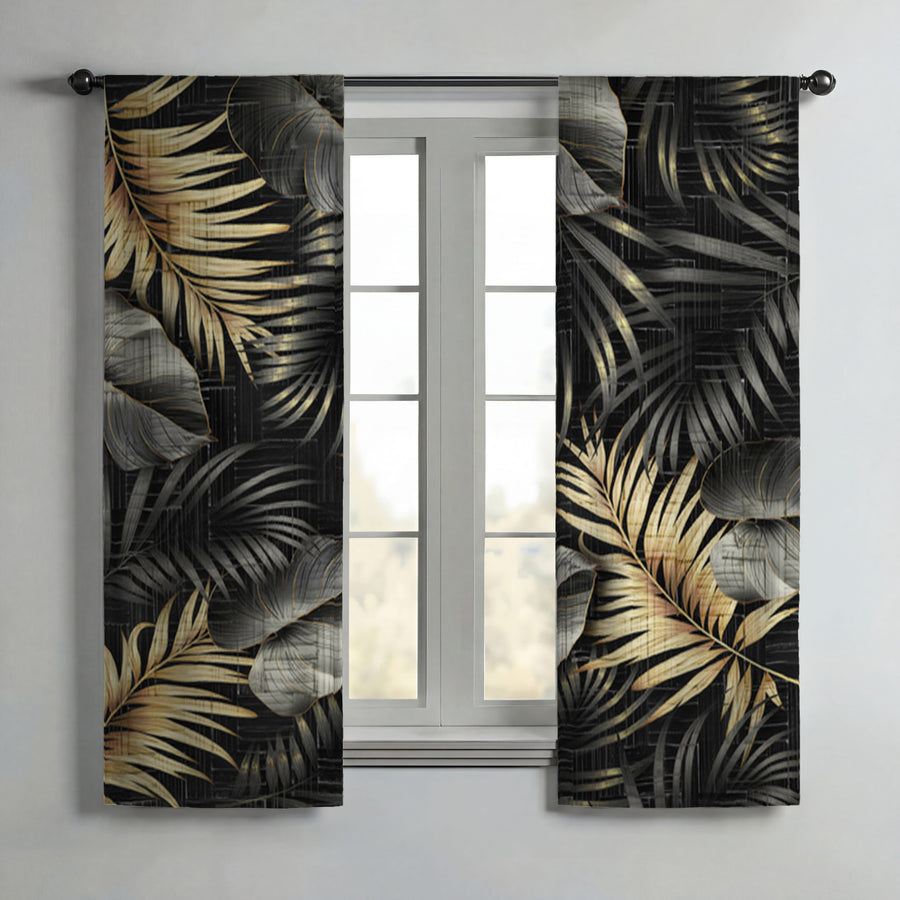 Black and Gold Tropical Palm Leaf Pattern Window Curtains