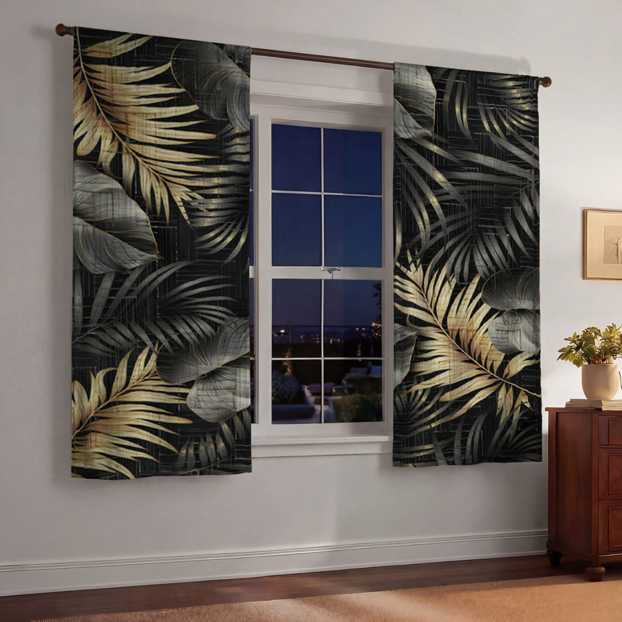 Black and Gold Tropical Palm Leaf Pattern Window Curtains