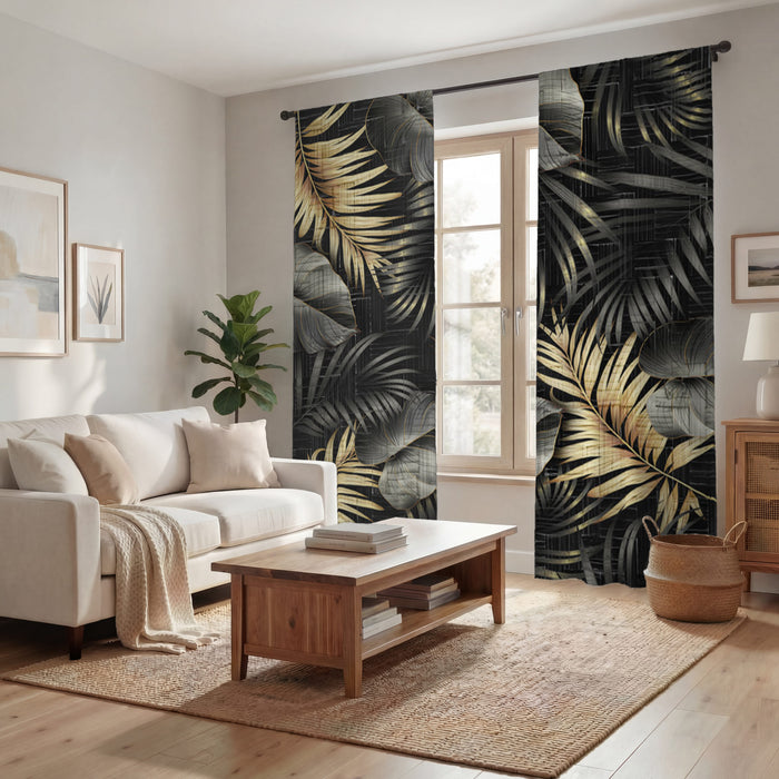 Black and Gold Tropical Palm Leaf Pattern Window Curtains