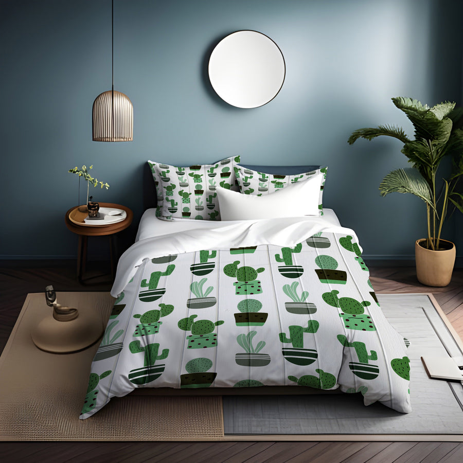 Green Potted Cactus Botanical Pattern Duvet Cover
