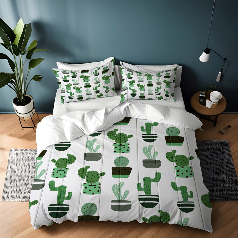 Green Potted Cactus Botanical Pattern Duvet Cover