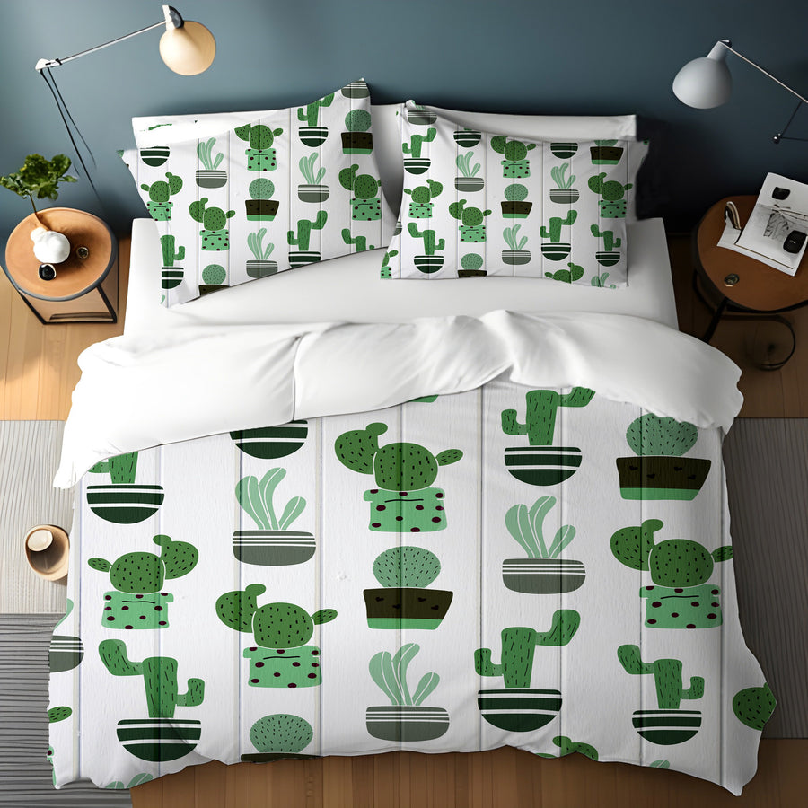 Green Potted Cactus Botanical Pattern Duvet Cover