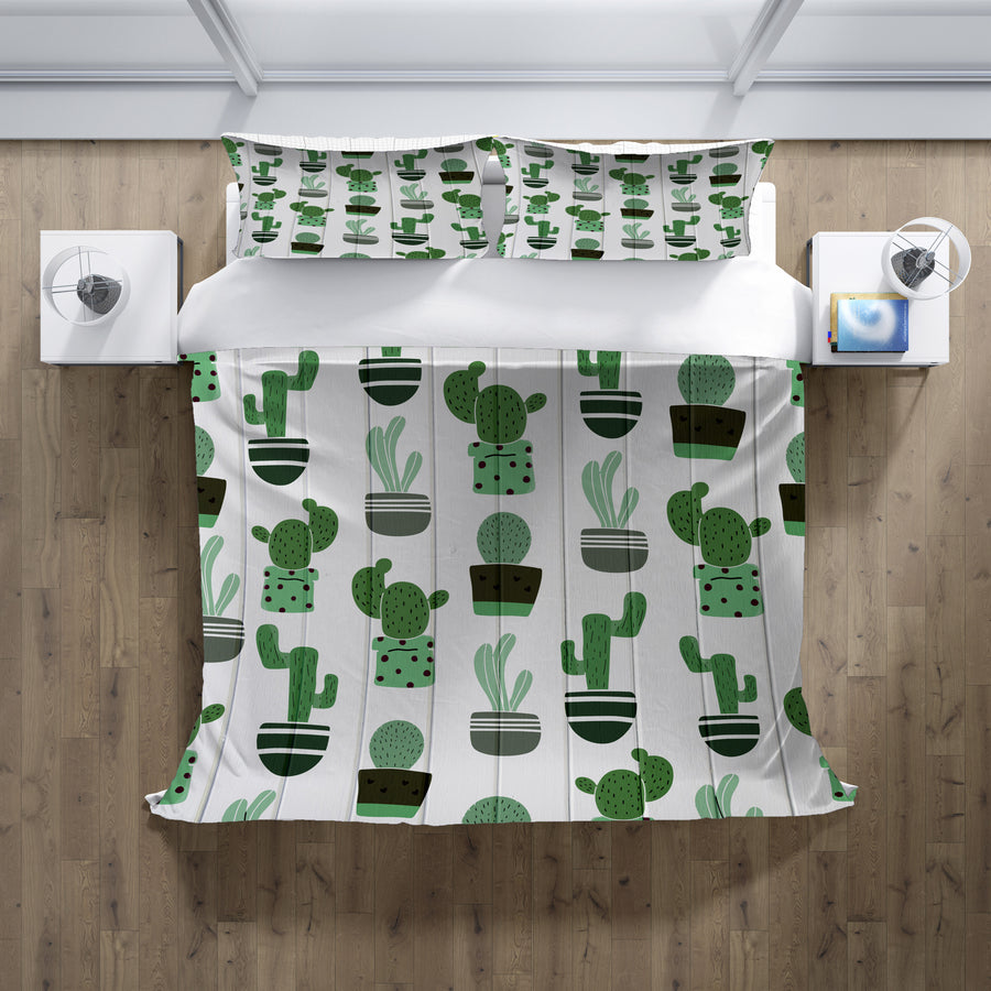 Green Potted Cactus Botanical Pattern Duvet Cover