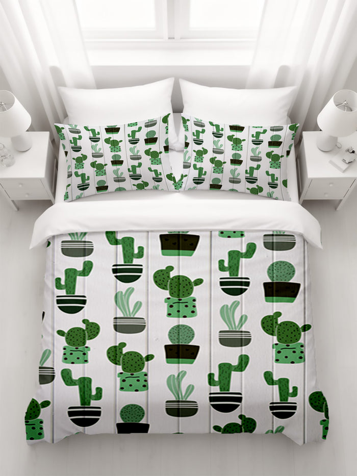 Green Potted Cactus Botanical Pattern Duvet Cover