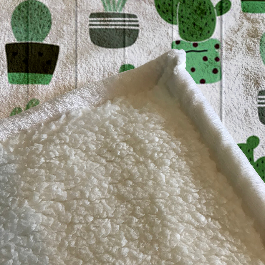 Green Potted Cactus Botanical Pattern Fleece Sherpa Blanket