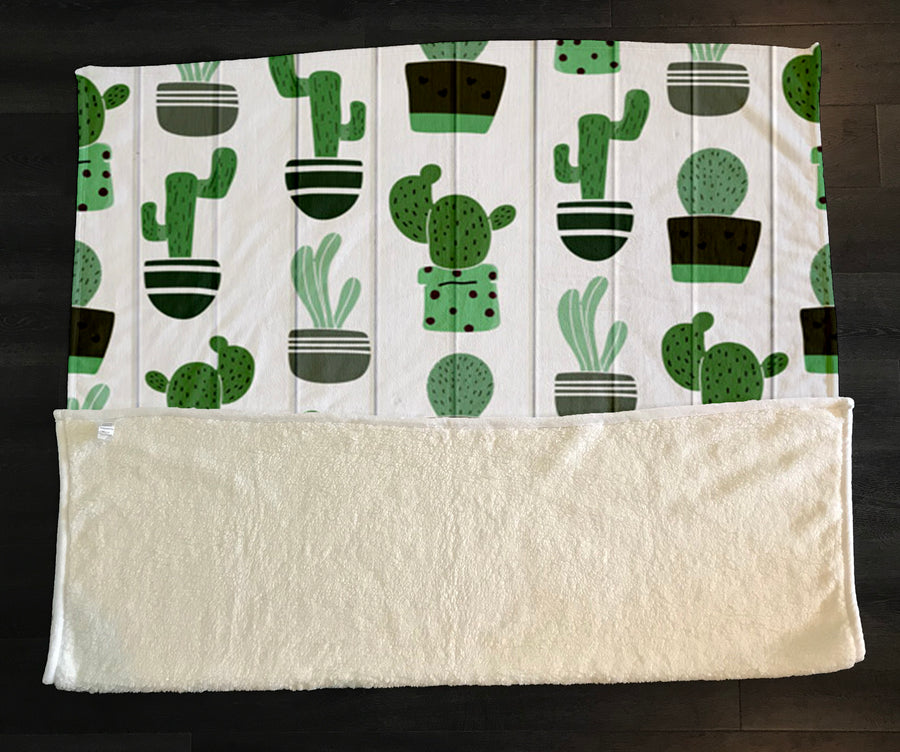 Green Potted Cactus Botanical Pattern Fleece Sherpa Blanket