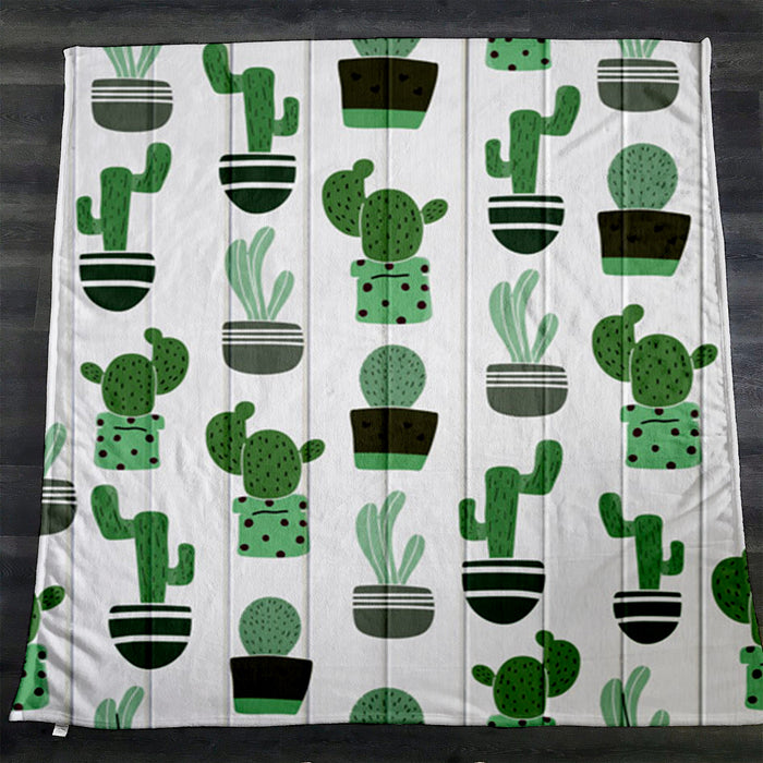 Green Potted Cactus Botanical Pattern Fleece Sherpa Blanket