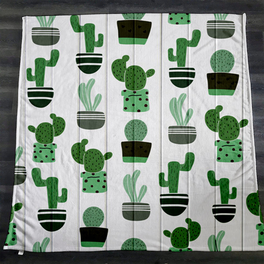 Green Potted Cactus Botanical Pattern Fleece Sherpa Blanket