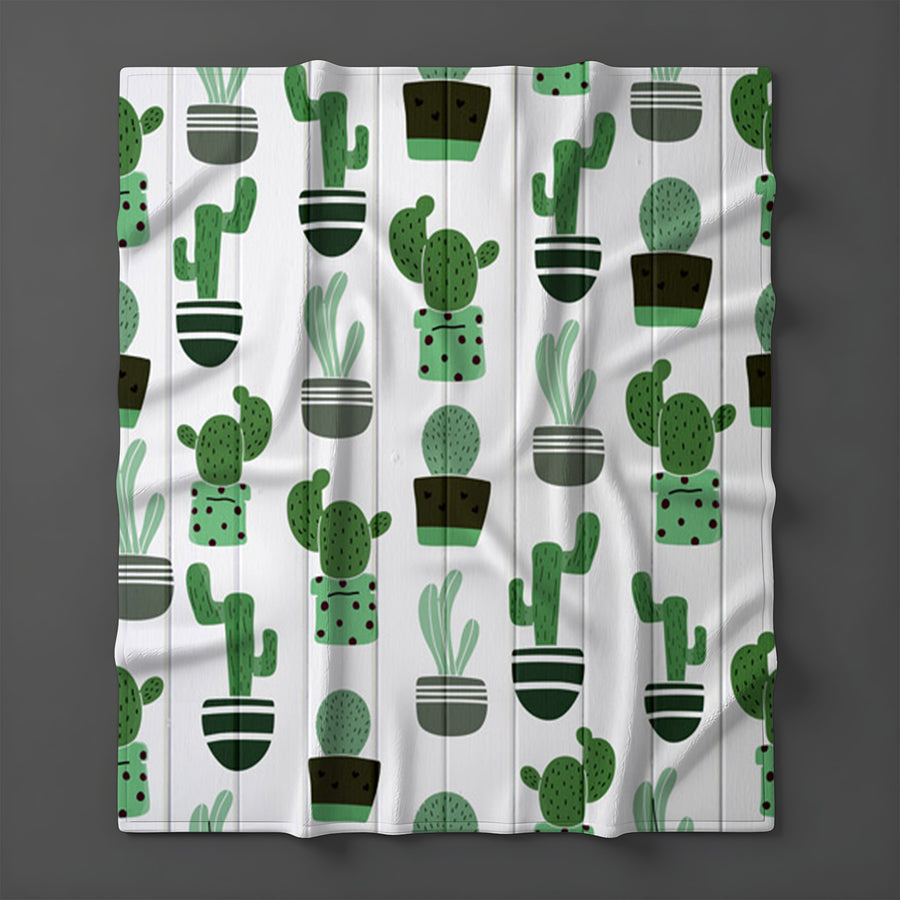 Green Potted Cactus Botanical Pattern Fleece Sherpa Blanket